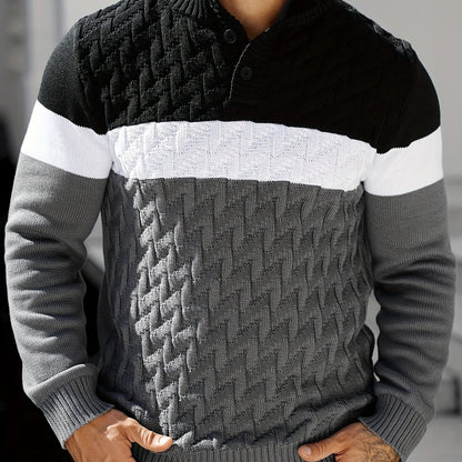 Herren Grobstrickpullover mit Stehkragen und Knopfleiste, mehrfarbig