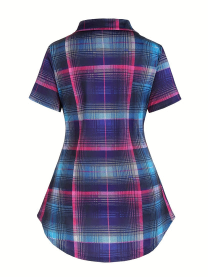 Damen Kurzarm Karo Hemdbluse mit Überkreuz-Detail – Eleganter Freizeit-Look für den Sommer