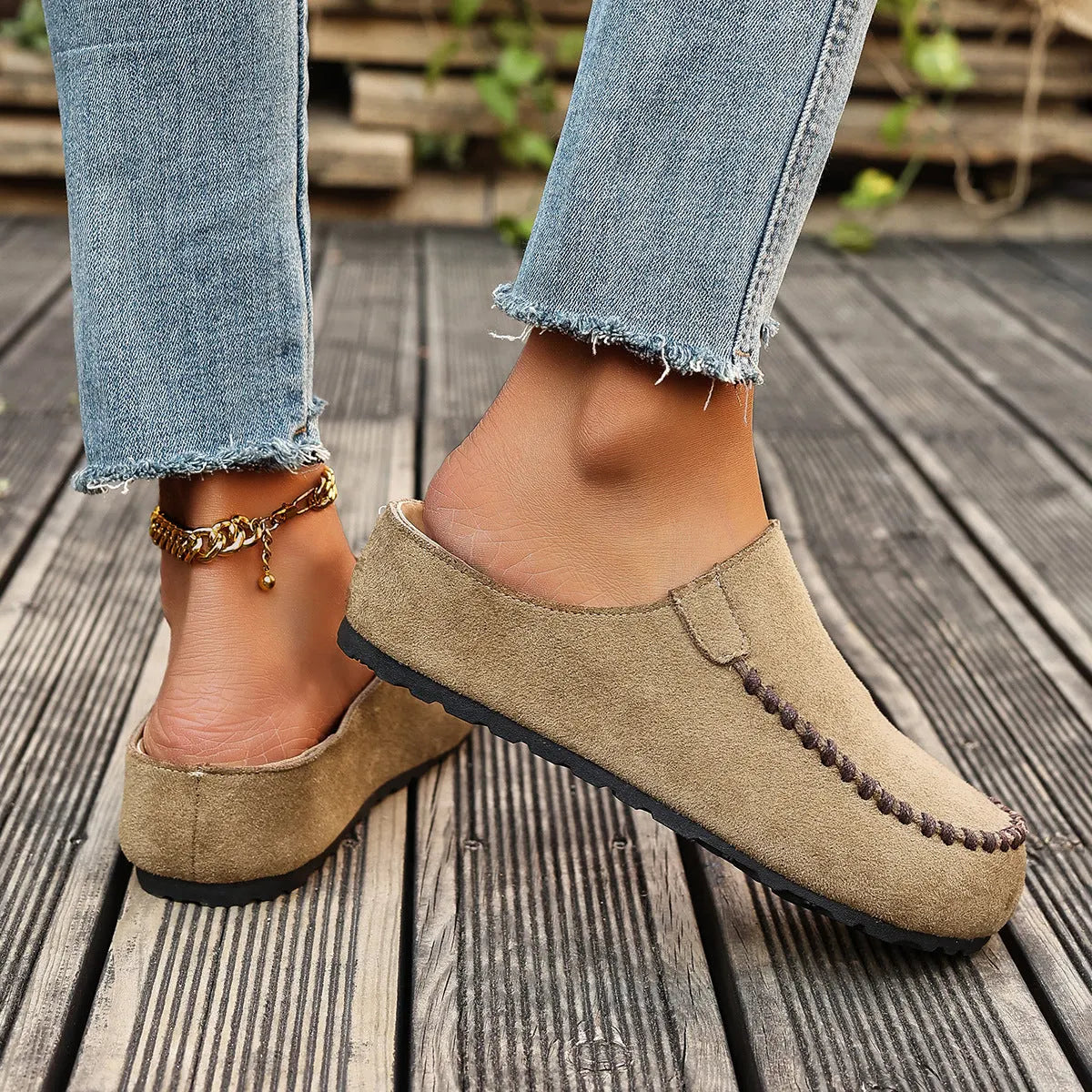 Damen Slipper Mules mit Ziernaht Komfortschuhe Braun