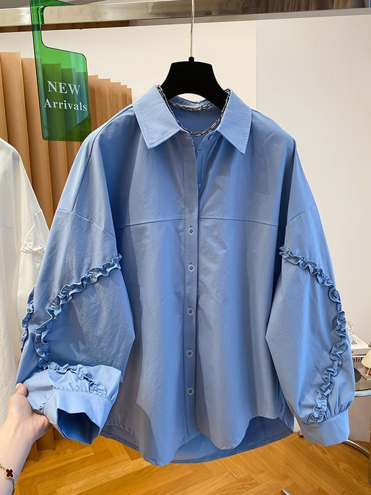 Damen Bluse Hellblau Langarm Rüschen Lockere Passform
