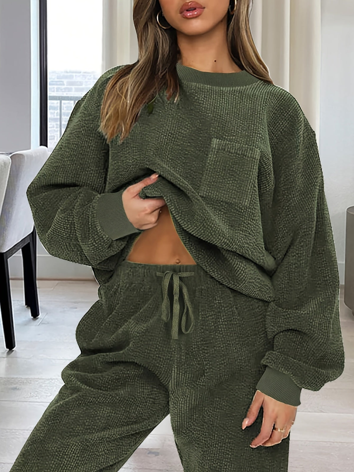 Damen Loungewear Set Grün – Pullover und Hose mit Waffelstruktur