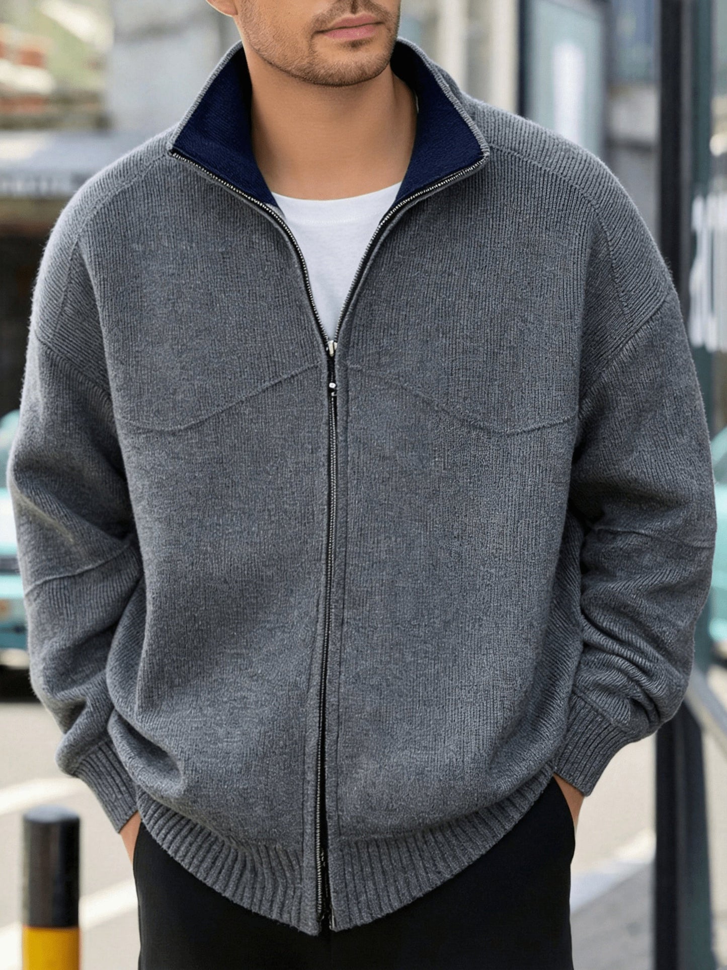 Herren Strickjacke Reißverschluss Stehkragen Rippbündchen Dunkelgrau