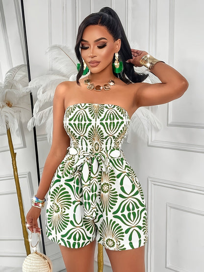 Damen Bandeau Jumpsuit Elegant Gemustert – Modischer Einteiler für Sommer & Events