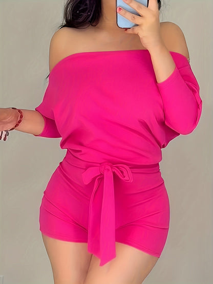 Damen Off-Shoulder Freizeit-Jumpsuit mit Taillengürtel – Eleganter Sommer Overall für Alltag und Urlaub