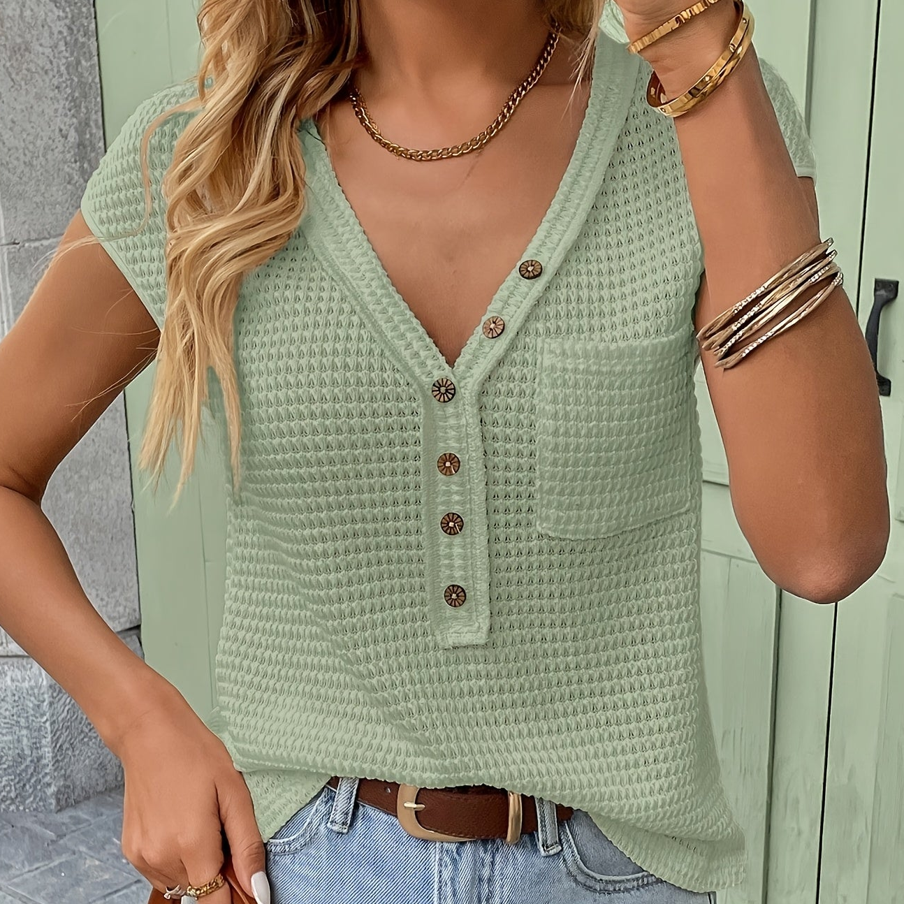 Damen Henley Shirt mit Struktur und Knopfleiste – Lässiges Kurzarm-Oberteil für Alltag & Freizeit