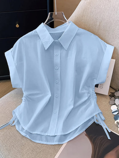 Damen Kurzarm Bluse mit Kordelzug und Hemdkragen – Modisch & Vielseitig