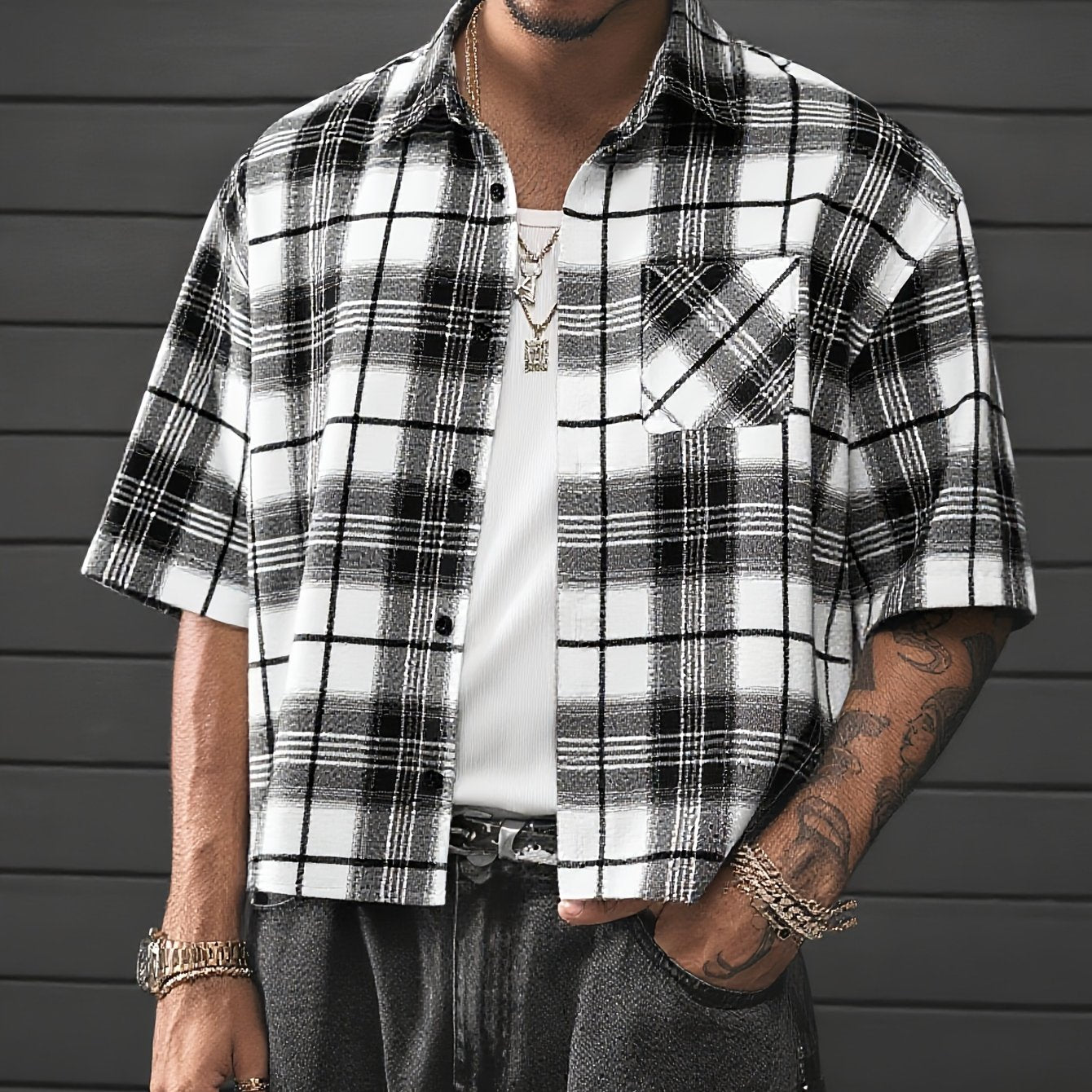 Herren Oversize Karohemd Kurzarm Streetwear Freizeitstil