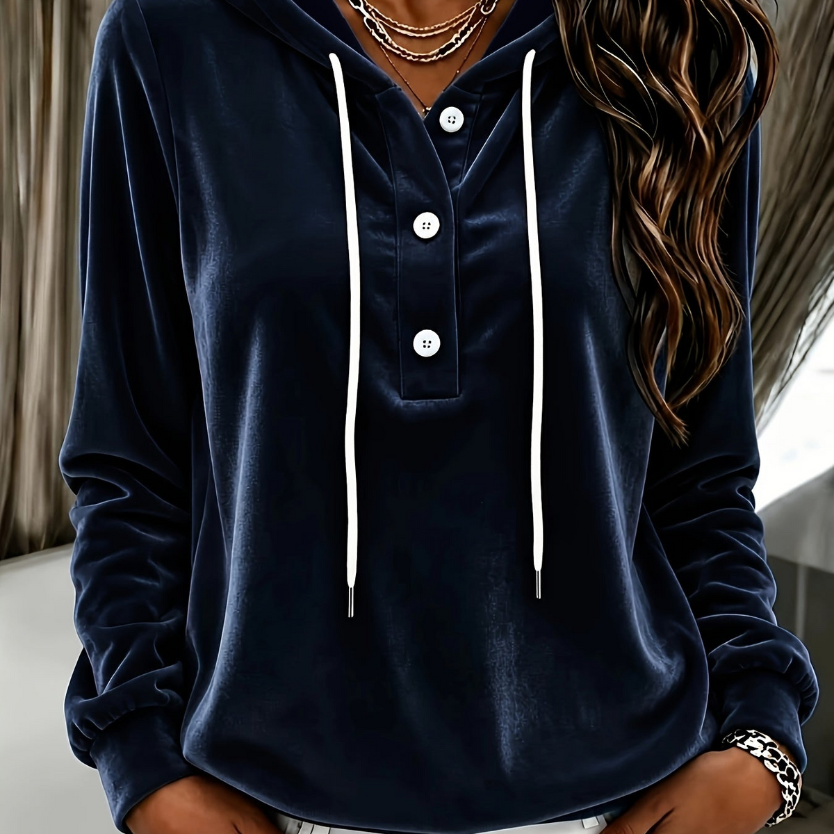 Damen Hoodie mit Kapuze und Knopfleiste, Langarm, weiches Material