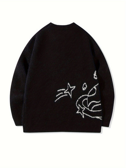 Unisex Strickpullover Rundhals mit Weltall-Muster & Sternen