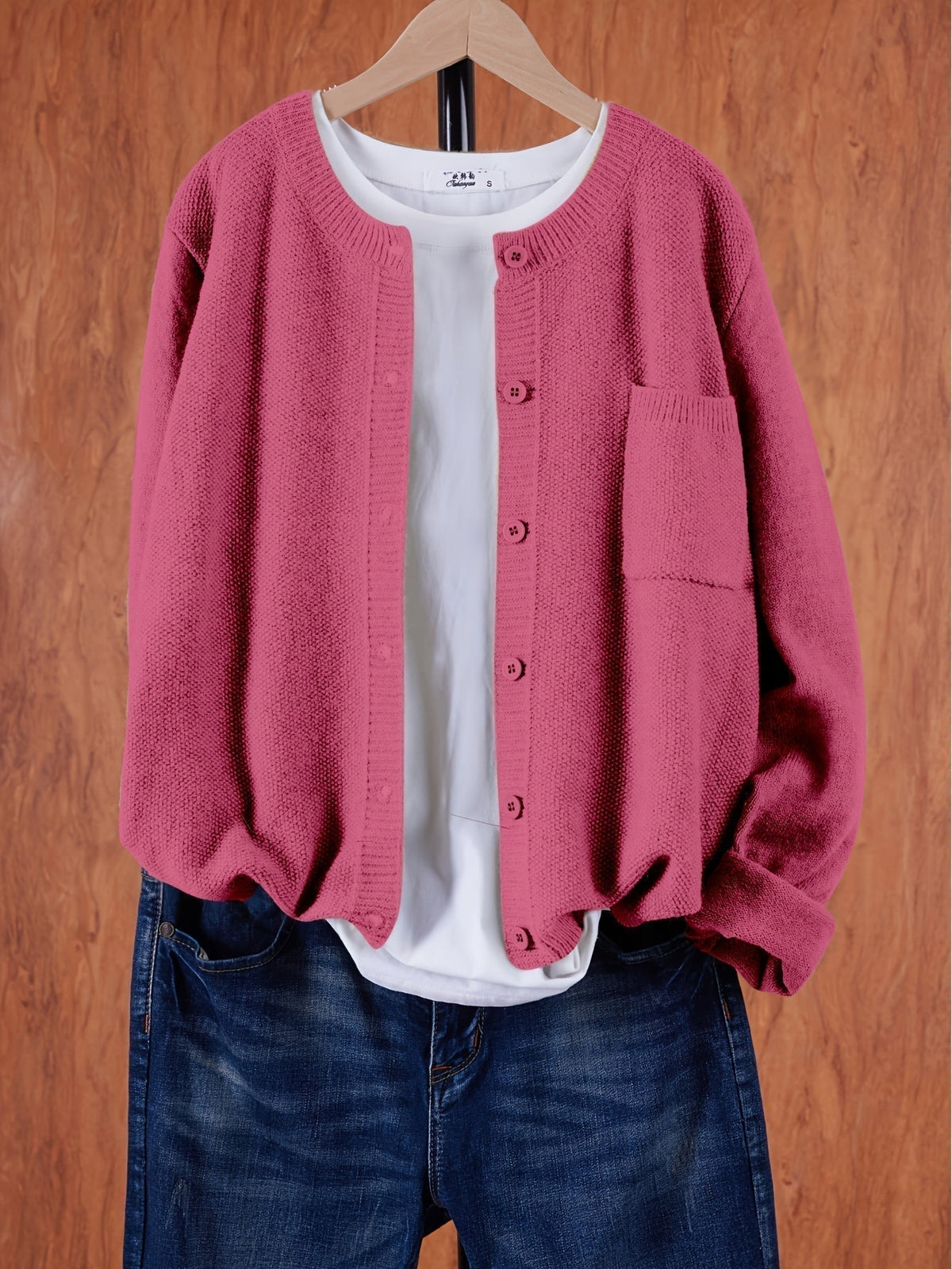 Damen Strick Cardigan Rundhals Langarm Strickjacke mit Knöpfen und Brusttasche