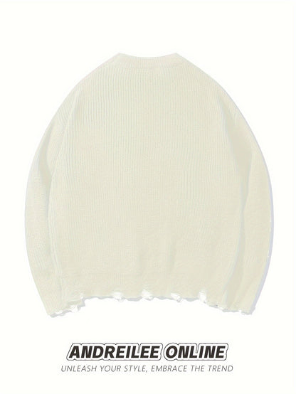 Unisex Strickpullover mit Kreuzstich-Details und Used-Look, Rundhals