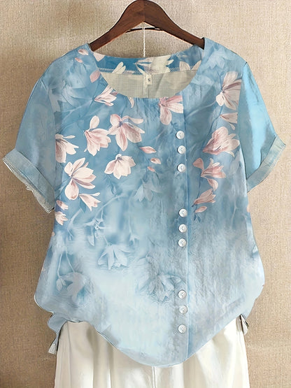 Damen Vintage Bluse mit Blumenmuster und Knopfleiste – Sommer Freizeit Oberteil