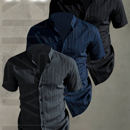 Herren 3er-Pack Stehkragen Hemden – Modischer Freizeit Look, Kurzarm, Knopfleiste
