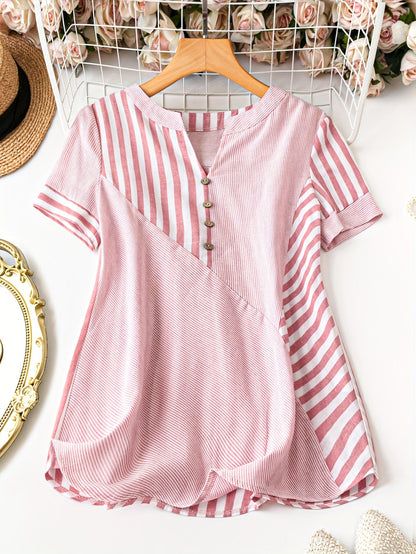 Damen Elegant Gestreifte Bluse mit Knöpfen und V-Ausschnitt – Perfekt für Alltag und Büro