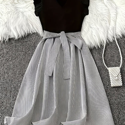 Damen Kleid Elegant Gestreift mit Gürtel und Rüschenärmeln – Perfekt für Alltag und besondere Anlässe