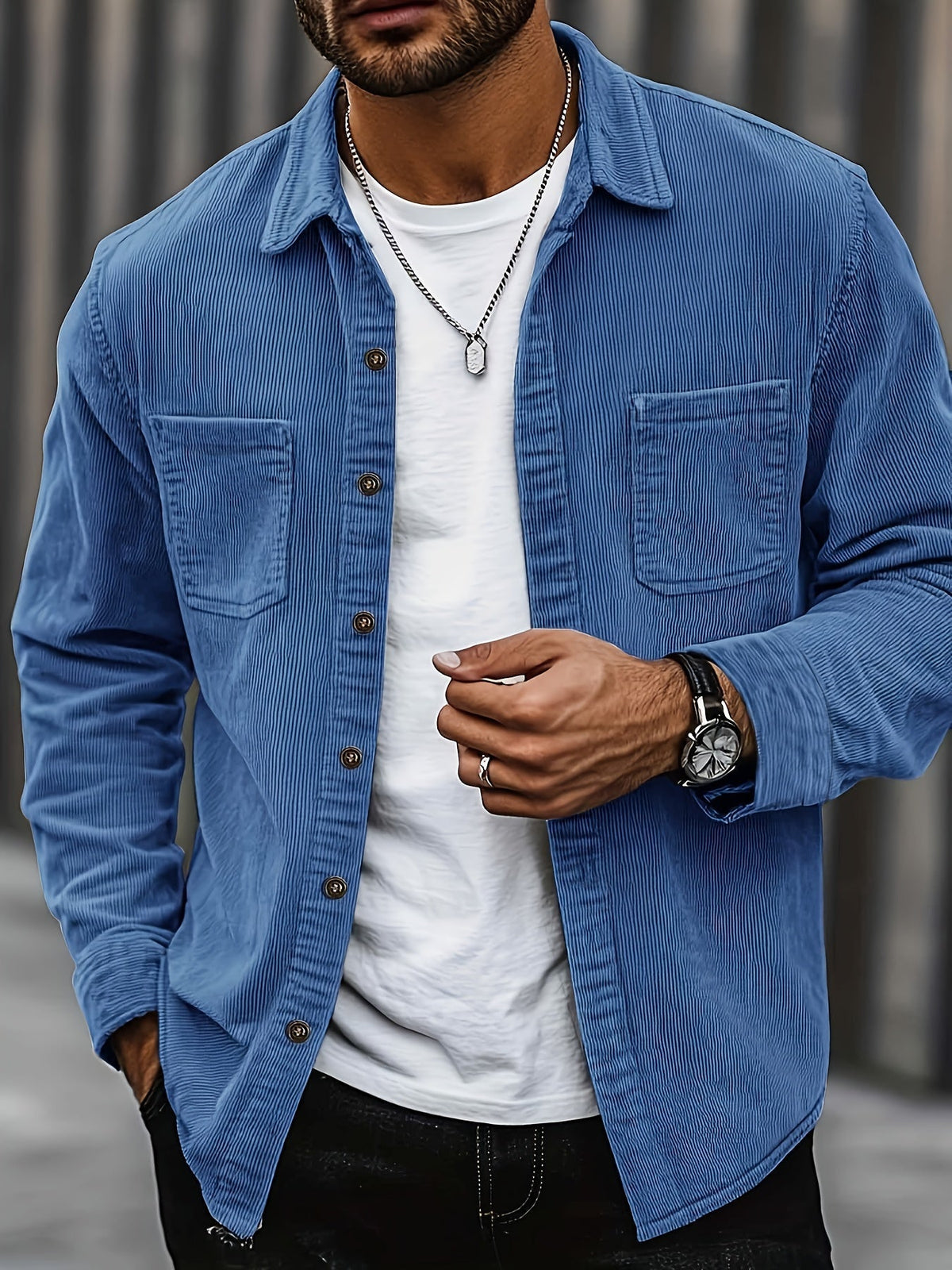 Herren Cordhemd Overshirt mit zwei Brusttaschen Langarm Freizeithemd