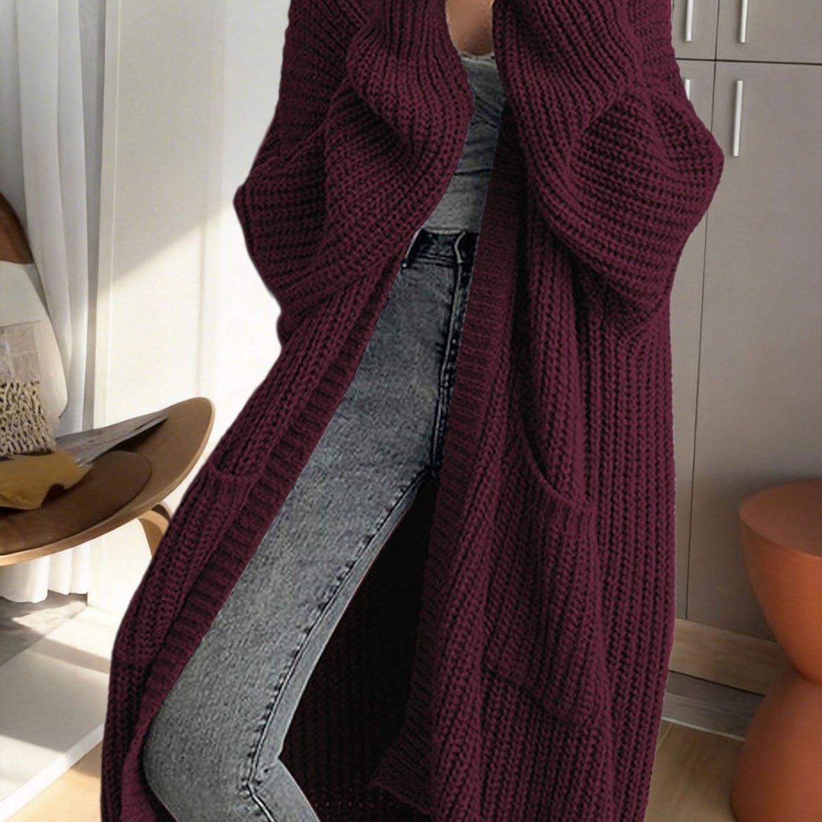 Damen Oversize Strick-Cardigan Lang Offene Front mit Taschen – Lässiger Streetstyle