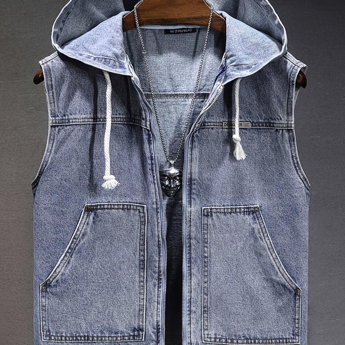 Jeansweste mit Kapuze Grau Unisex ärmellos Reißverschluss