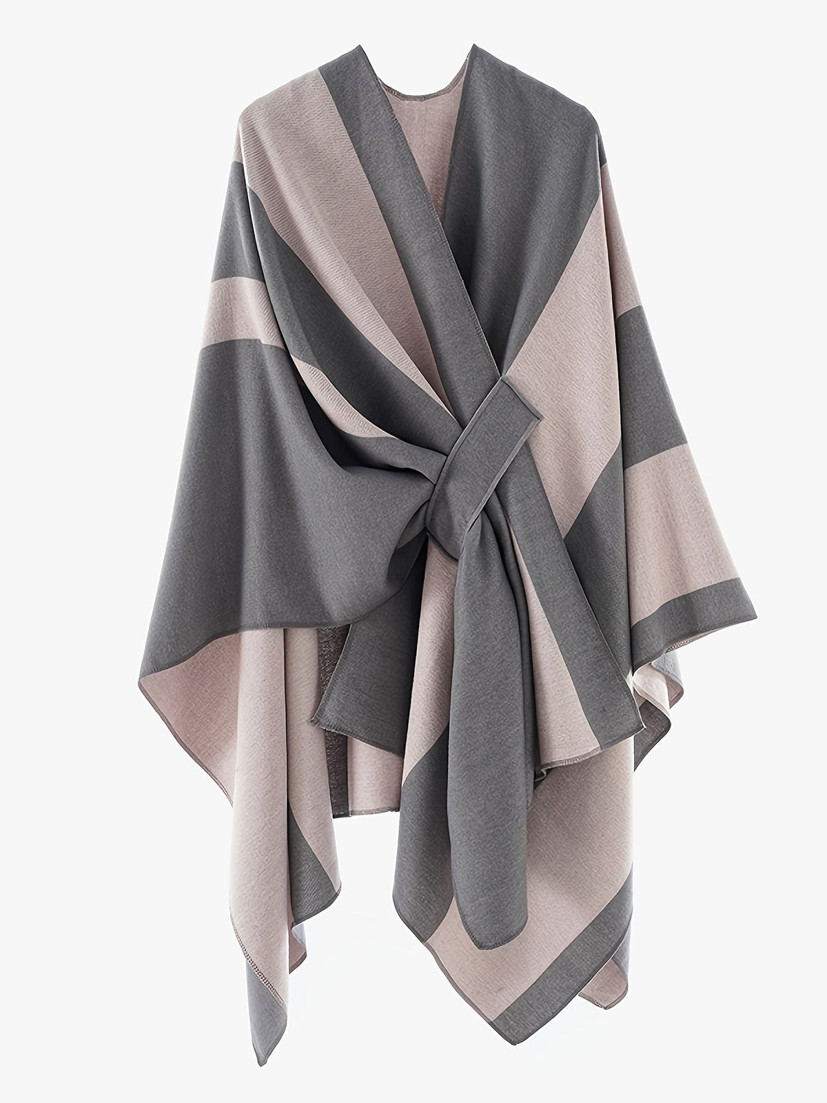 Damen Poncho Cape mit Streifenmuster & Knoten-Detail, weicher Stoff