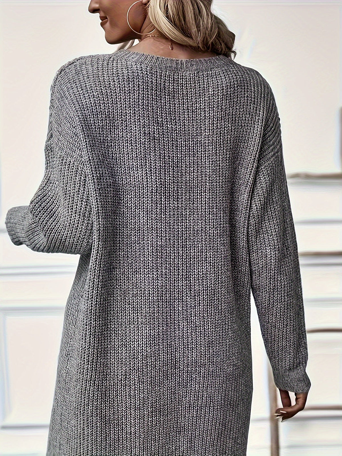 Damen Langarm Strickpullover Grau Asymmetrisch V-Ausschnitt