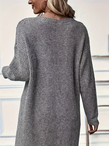 Damen Langarm Strickpullover Grau Asymmetrisch V-Ausschnitt