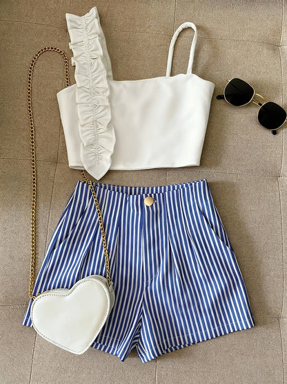 Damen Zweiteiler Set – Modisches Rüschen-Bustier & Gestreifte High-Waist Shorts, Stilvolles Outfit für Alltag & Freizeit