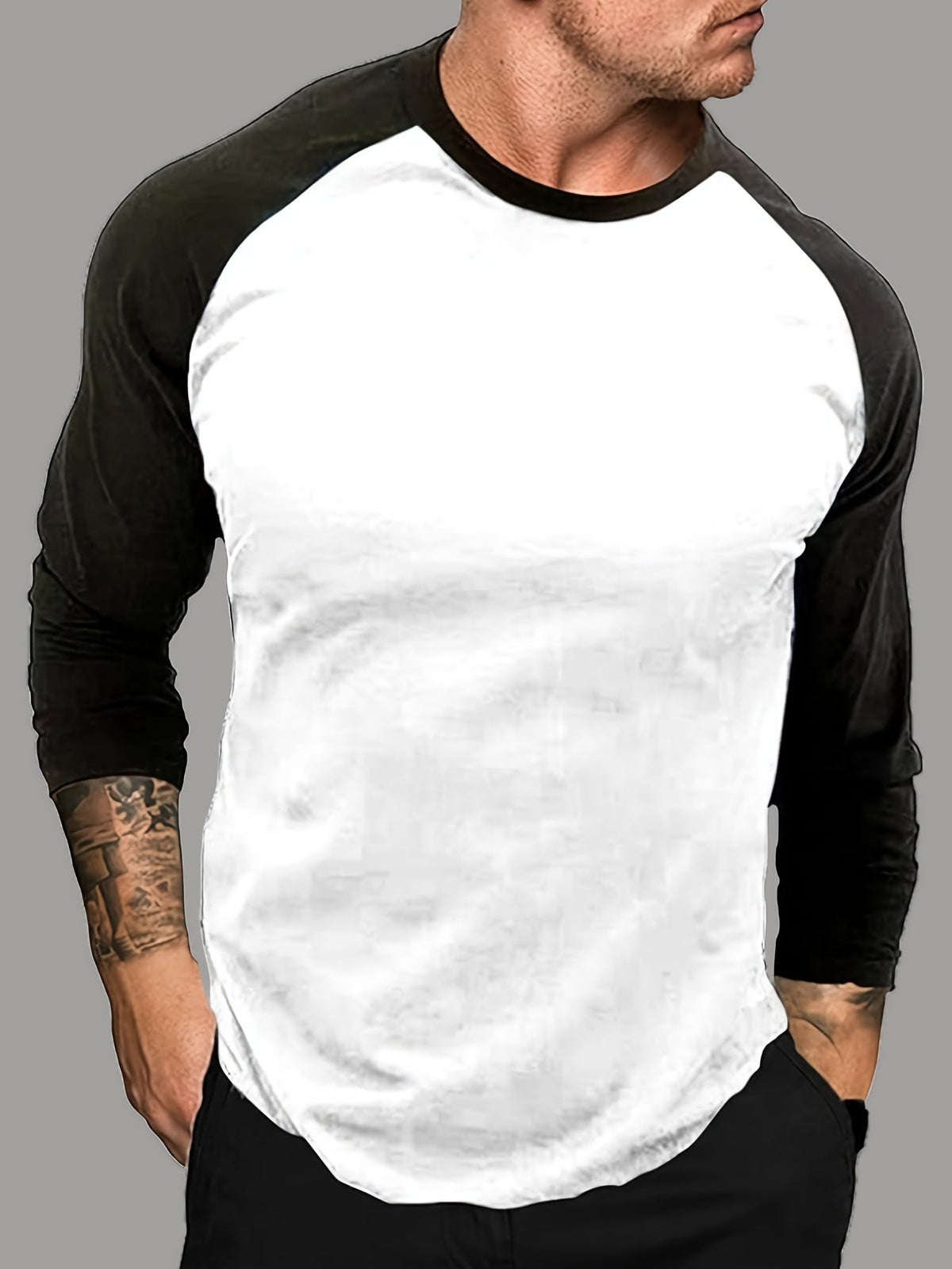 Herren Langarm Raglan T-Shirt Zweifarbig Rundhals