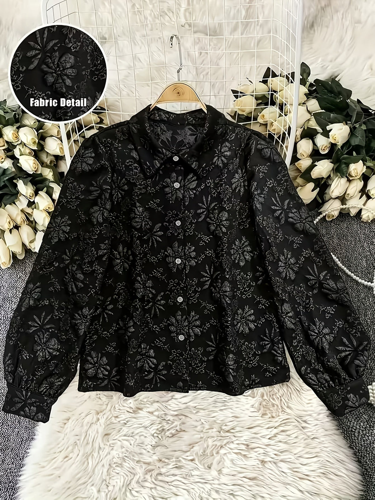 Damen Crop Bluse Schwarz Langarm Blumenmuster Strukturiert