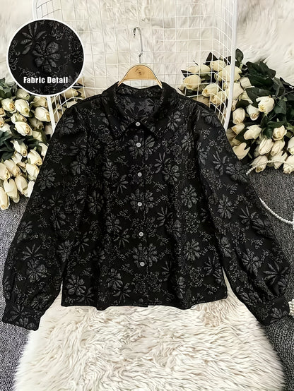 Damen Crop Bluse Schwarz Langarm Blumenmuster Strukturiert