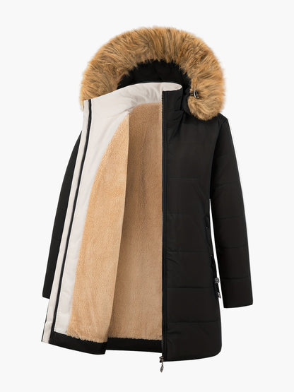 Damen Winter Steppmantel mit Kunstfellkapuze und Teddyfutter – Eleganter Alltagsmantel für kalte Tage