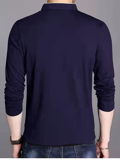 Herren Langarmshirt Henley Stehkragen Knopfleiste Bordeaux