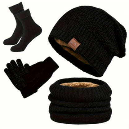 Unisex Winter Set 4-teilig: Strickmütze, Loop-Schal, Touchscreen-Handschuhe & Socken mit Futter