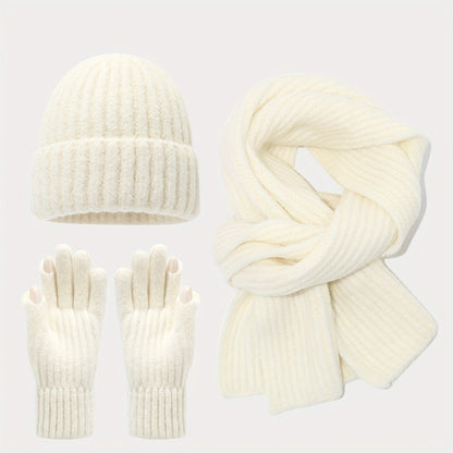 Geripptes Strickmützen-Schal-Handschuh-Set, Winter Accessoire Set in Uni-Farben