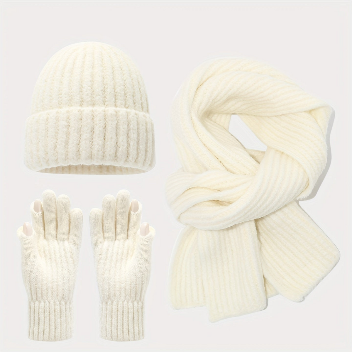Geripptes Strickmützen-Schal-Handschuh-Set, Winter Accessoire Set in Uni-Farben