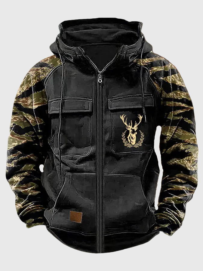 Herren Kapuzenjacke mit Reißverschluss, Camouflage Ärmel & Hirsch-Motiv