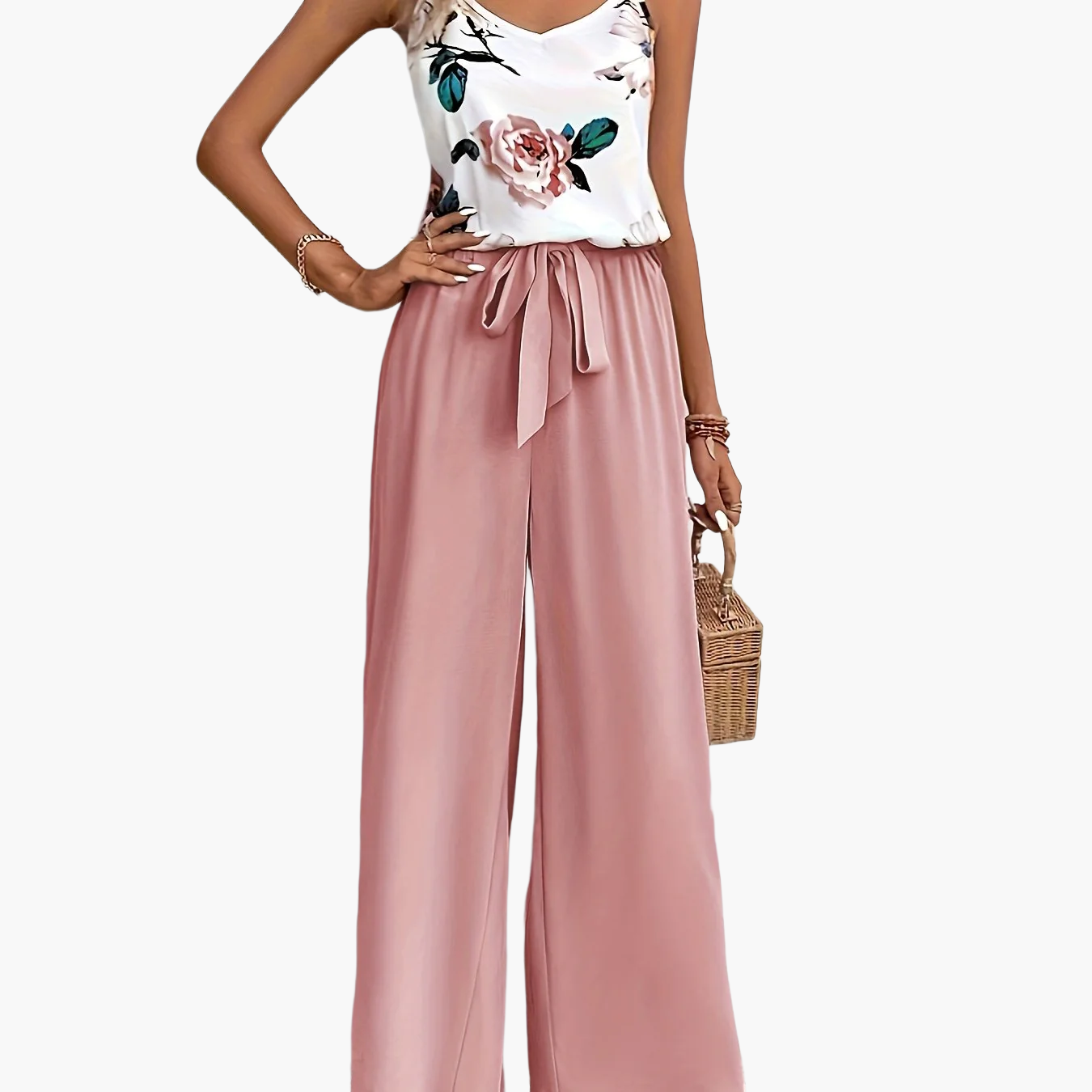 Damen Eleganter Jumpsuit mit Blumenmuster und Bindegürtel – Perfekt für Sommer und Freizeit
