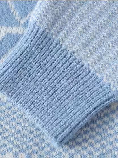 Unisex Pullover Strickpulli Himmelblau mit geometrischem Muster Rundhals Langarm