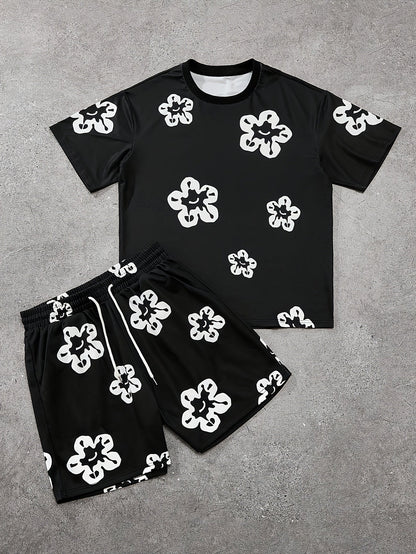 Herren Casual Set mit Blumenmuster – Freizeit Outfit mit T-Shirt und Shorts