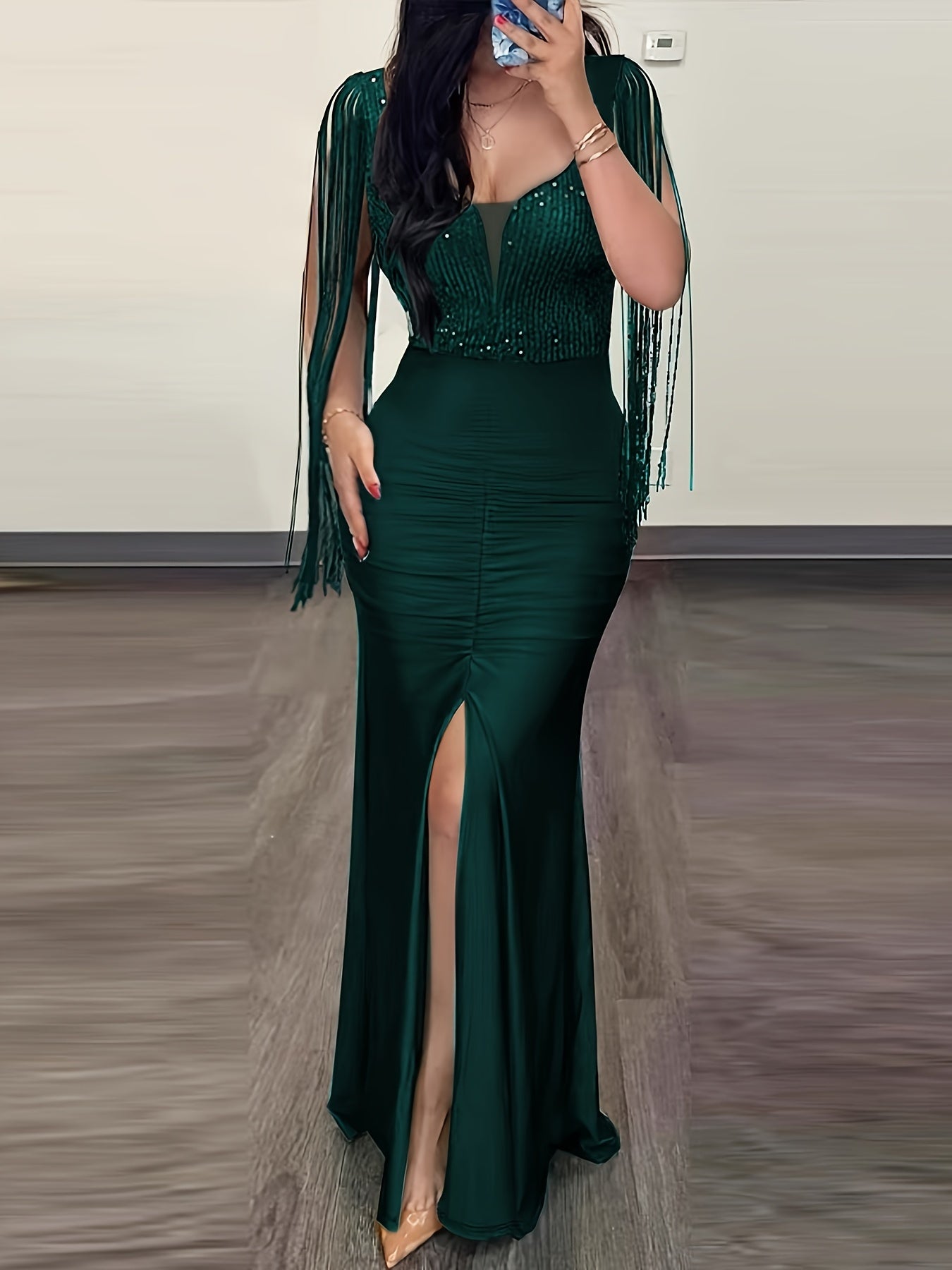 Damen Elegantes Abendkleid mit Fransen und Schlitz – Perfekt für festliche Anlässe