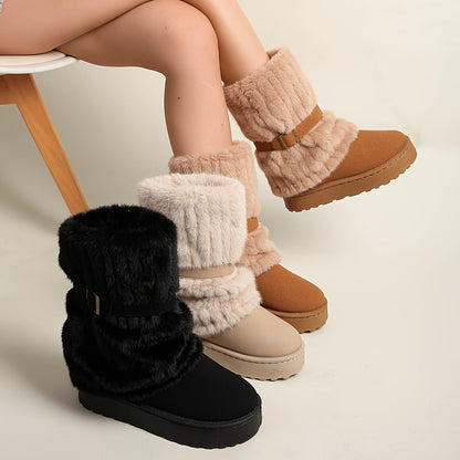Damen Winterstiefeletten mit Kunstfell und Schnalle, Fesselhoch