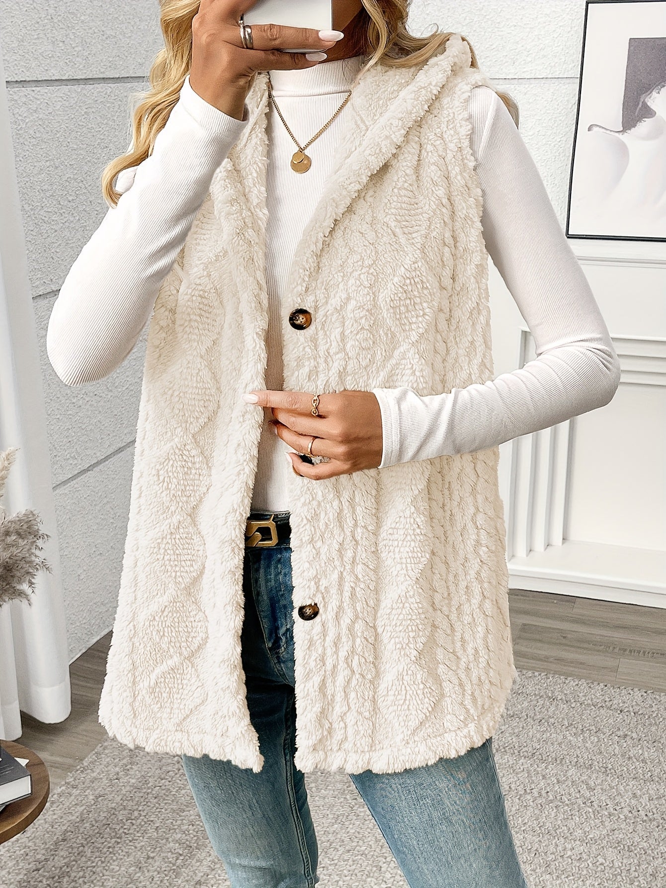 Damen Strickweste mit Kapuze und Knöpfen – Eleganter Lagenlook für Alltag und Freizeit