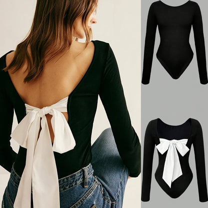 Damen Body Langarm Schwarz mit Großer Weißer Schleife Vorn/Hinten
