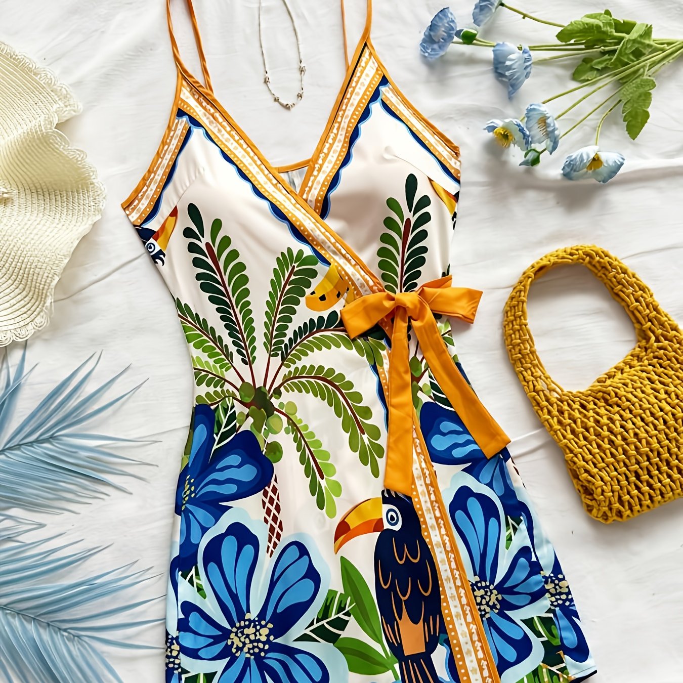 Damen Sommer Wickelkleid mit tropischem Print und Blumenmuster – Ideal für Urlaub und Freizeit
