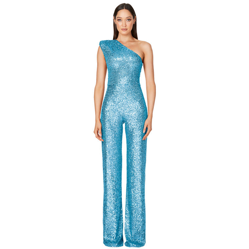 Helen – Ärmelloser Pailletten-Jumpsuit mit One-Shoulder-Design