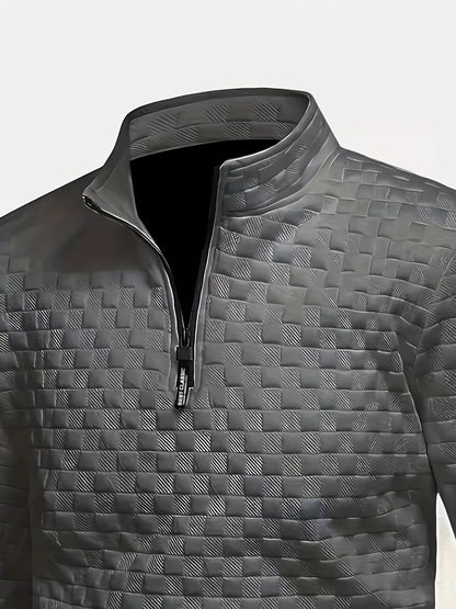 Herren Stehkragen Pullover mit Reißverschluss, gesteppt, Schwarz