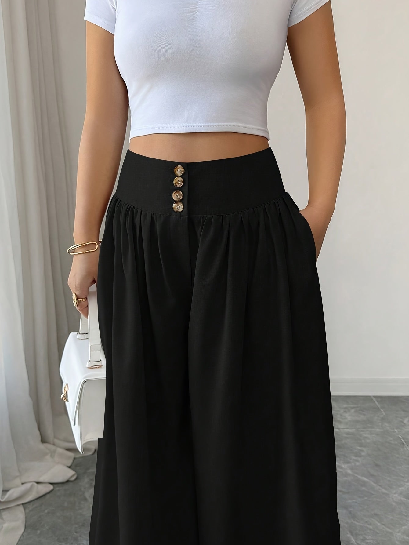 Damen Weite High Waist Palazzo Hose mit Knopfleiste – Eleganter Alltags- & Ausgeh-Look