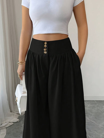 Damen Weite High Waist Palazzo Hose mit Knopfleiste – Eleganter Alltags- & Ausgeh-Look