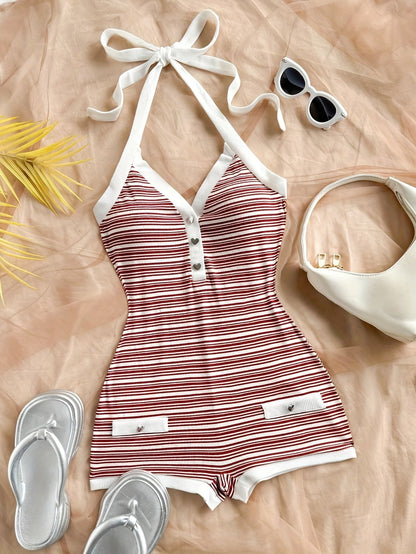 Damen Sommer Jumpsuit mit Streifen und Knopfleiste – Eleganter Einteiler für Freizeit & Urlaub