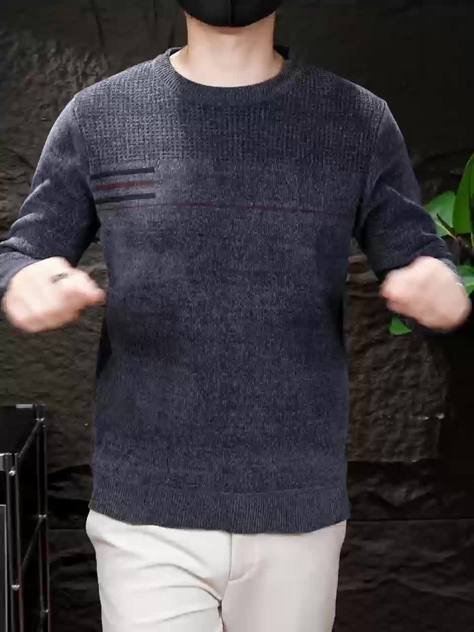 Herren Pullover Rundhals Langarm Strickpullover mit Streifenmuster