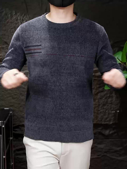 Herren Pullover Rundhals Langarm Strickpullover mit Streifenmuster
